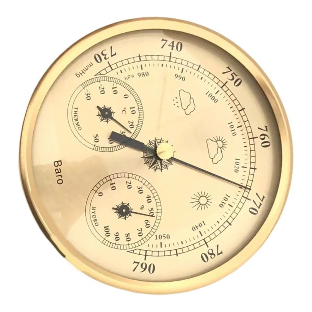 Gold Metal 3 In 1 Barometer Thermometer Hygrometer 130mm For Indoor Outdoor Weather Pressure Humidity For Temperature Monitoring
