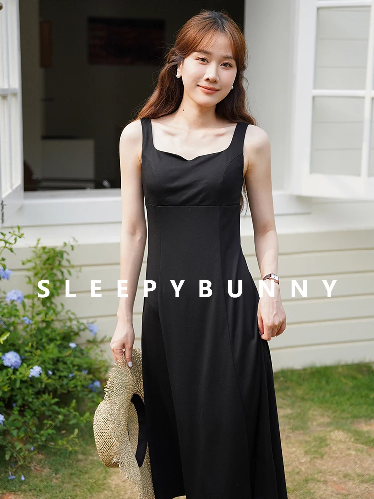 Elegant Sleeveless Dress Women Summer Heart Neck Backless Fit A-Line Midi Sundress Stretchy Hepburn Spaghetti Strap Party Outfit