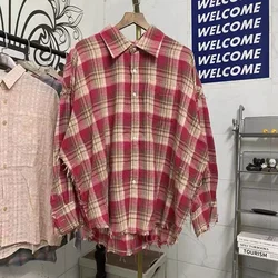 New Washed Red SUNTEE ZA Vintage Tassel Plaid High Quality 1:1 Mens Womens Long Sleeve Shirt