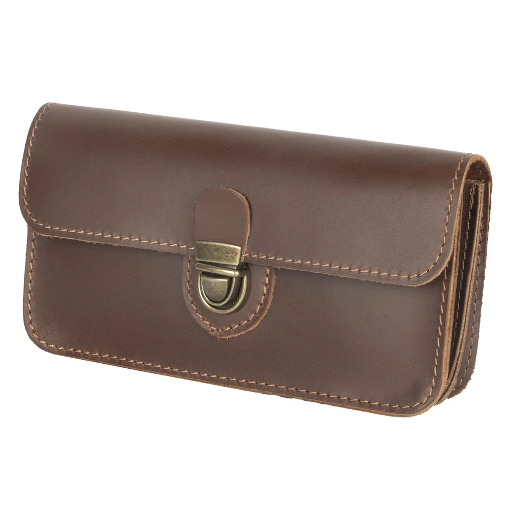 Men Portable Belt‑Worn Genuine Leather Waist Bag Vintage Cowhide Metal Lock Clasp Flap Pouch Card Cash Phone Storage Bag Outdoor