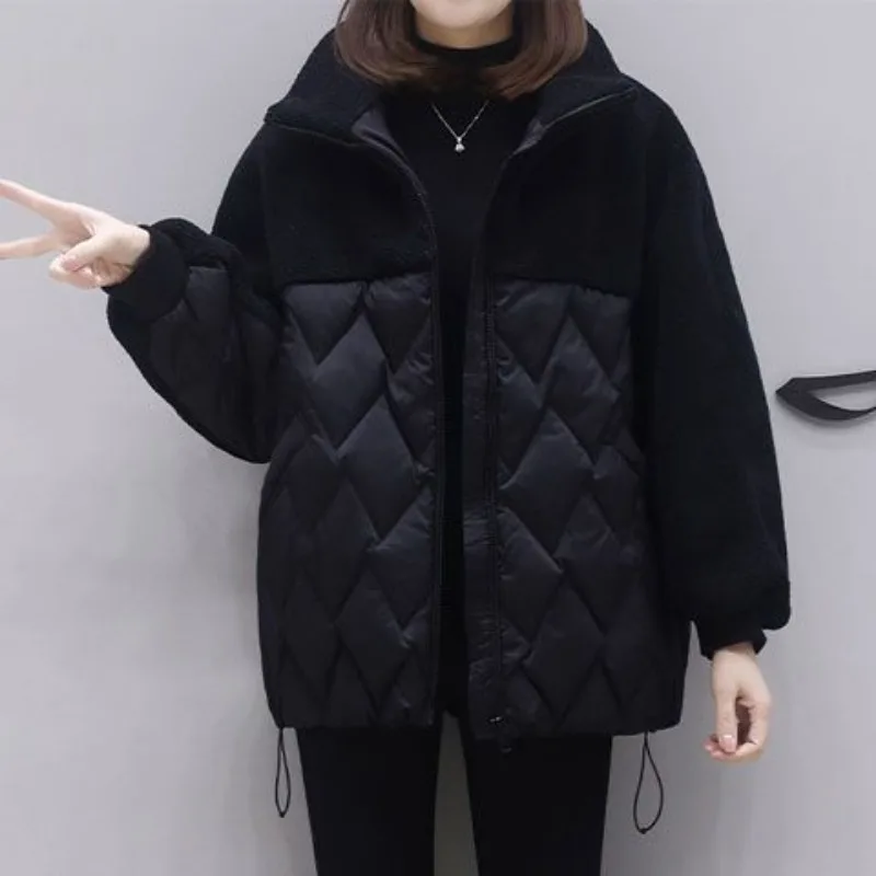 

Autumn Winter Clothes Shearling Patchwork Jacket Women's Parka Stand Collar Loose Warm Cotton Padded Jacket Zipper Outerwear