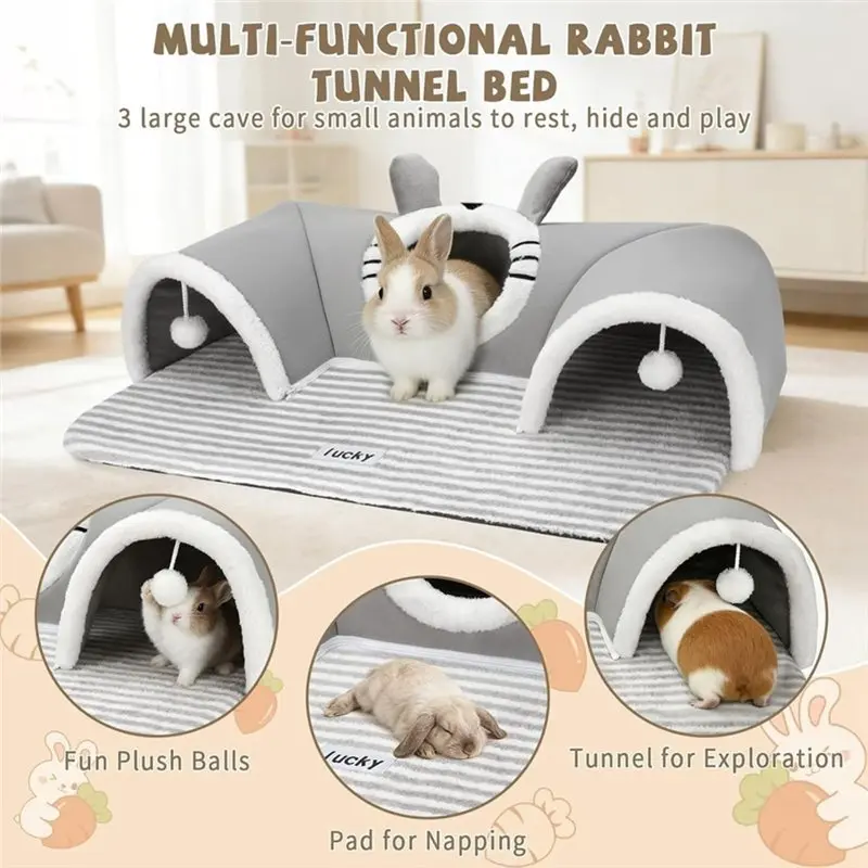 WCS-Bunny Tunnel Bed 3-Way Design, Cozy Play Tunnel For Indoor, Washable Bunny Bed Accessories