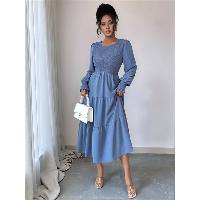 Fall Wedding Guest Dresses For Women Puff Long Sleeve Smocked Casual Crew Neck Tiered A Line Flowy Long Dress