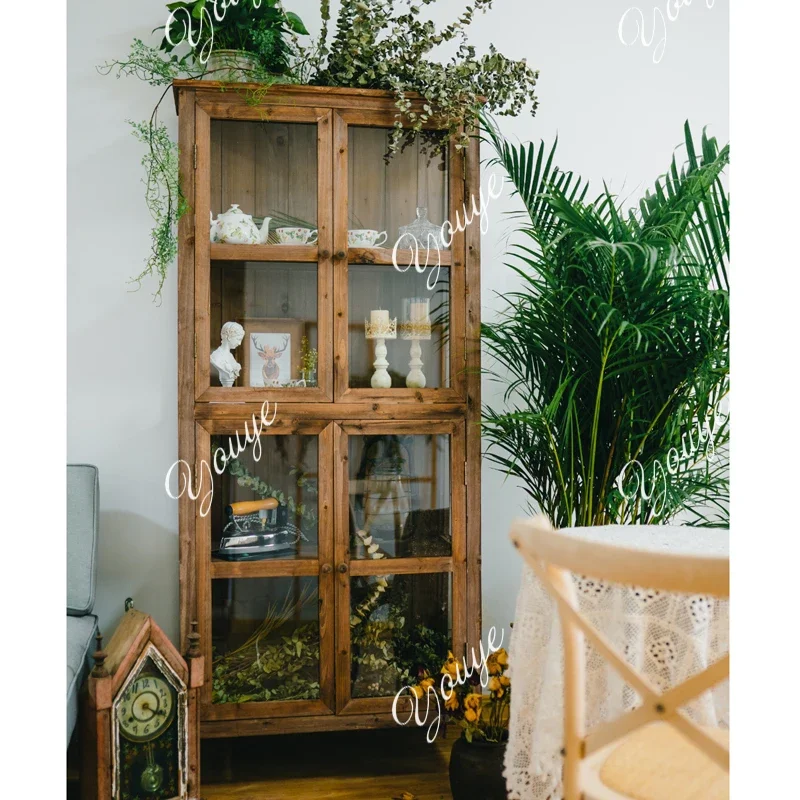 

J American Country Vintage Distressed Solid Wood Sideboard, Glass Display Cabinet, Storage Cabinet, Bowls, Cups And Saucers Stor