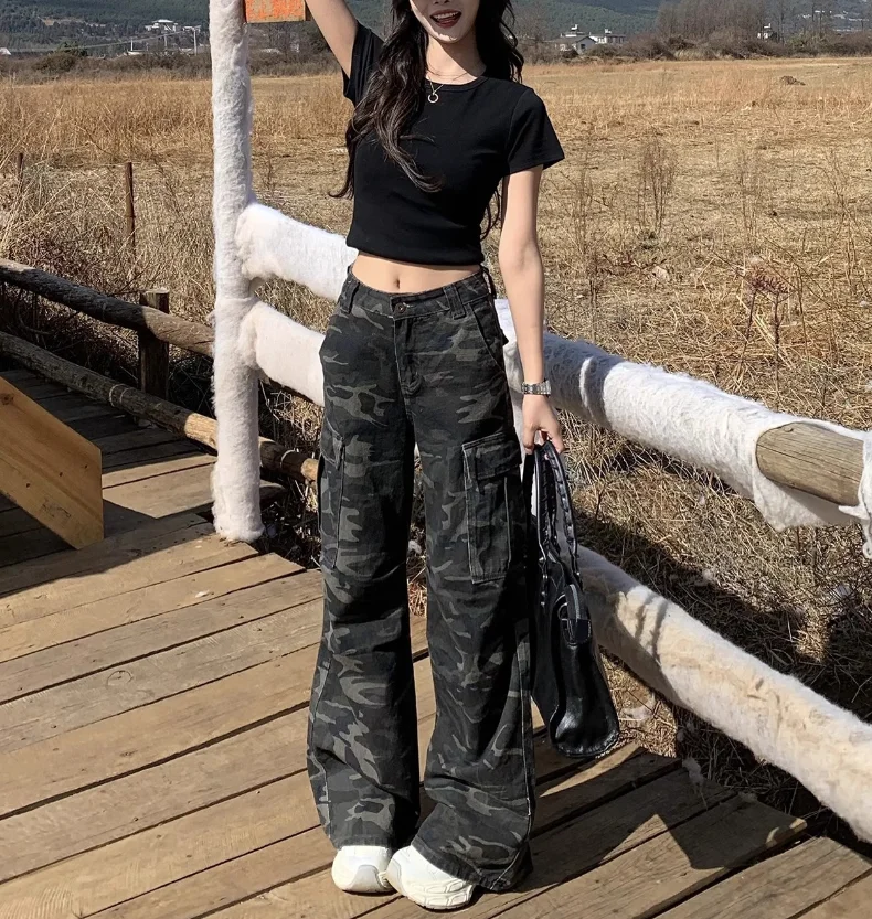 jeans y2k street camouflage cargo pants woman low waisted multi pocket button straight leg cargo pants hip hop women loose jeans