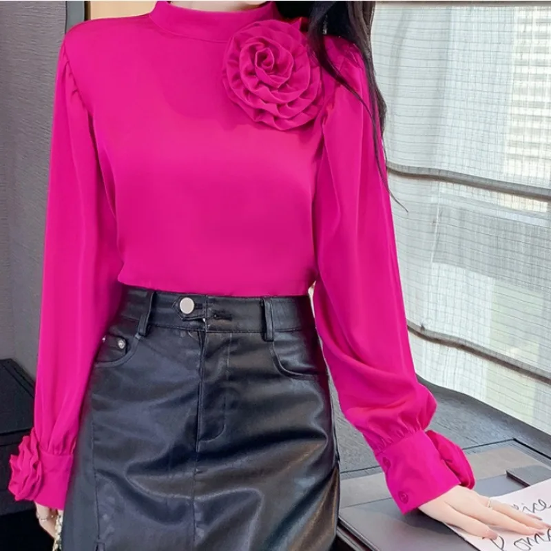 Chic Elegant Satin Three-dimensional Floral O Neck Long Sleeve Loose Top Vintage Korean Fairy Crop Top Autumn Women Clothing