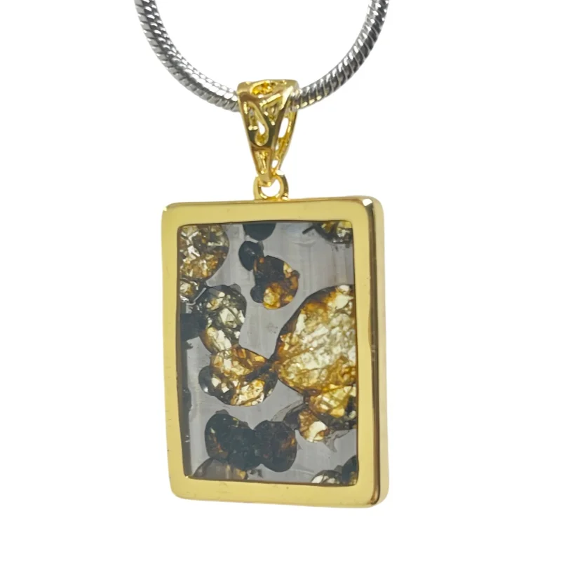 5.3g Seymchan Meteorite Pendant Natural Pallasite Meteorite Slice Rectangle Shape Alloy Frame Necklace Jewelry -LB177