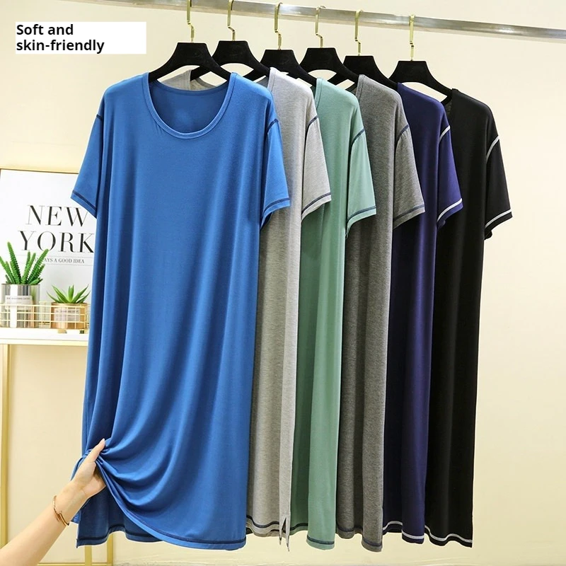 Men's Sleep Dress Plus Size Loose Summer Short Sleeve Mid-length Modal Ice Silk Home Robe