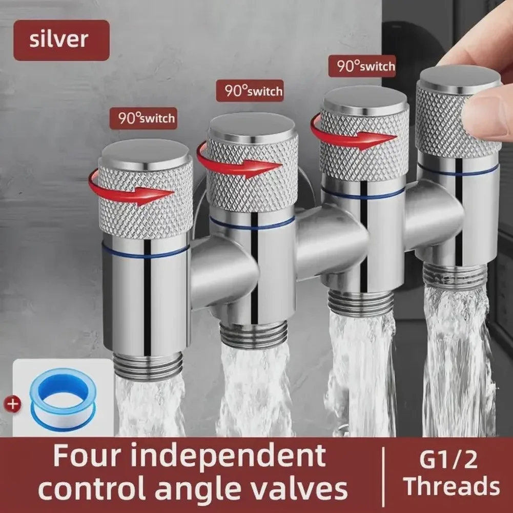 Stainless Steel 1-Inlet 4-Outlet Angle Valve with Full-Flow Independent Valves for Garden Kitchen Workshop Use
