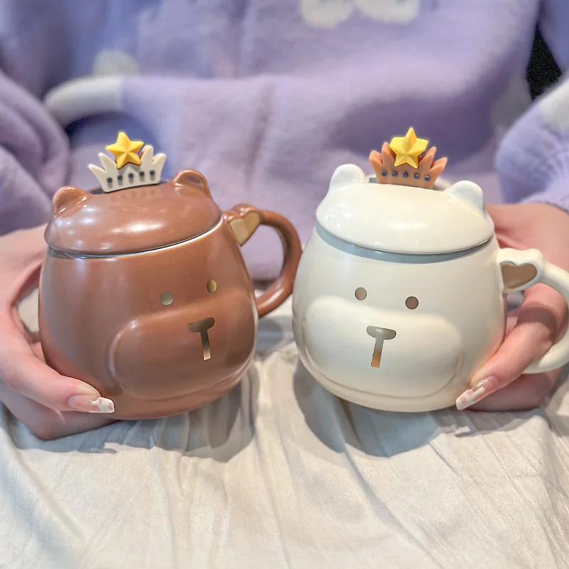 Cute Crown Bear Coffe Mug With Lid And Spoon 400ml Ceramic Milk Cup Kawaii Bear Mugs Birthday Gifts For Women Girls Kids Friend