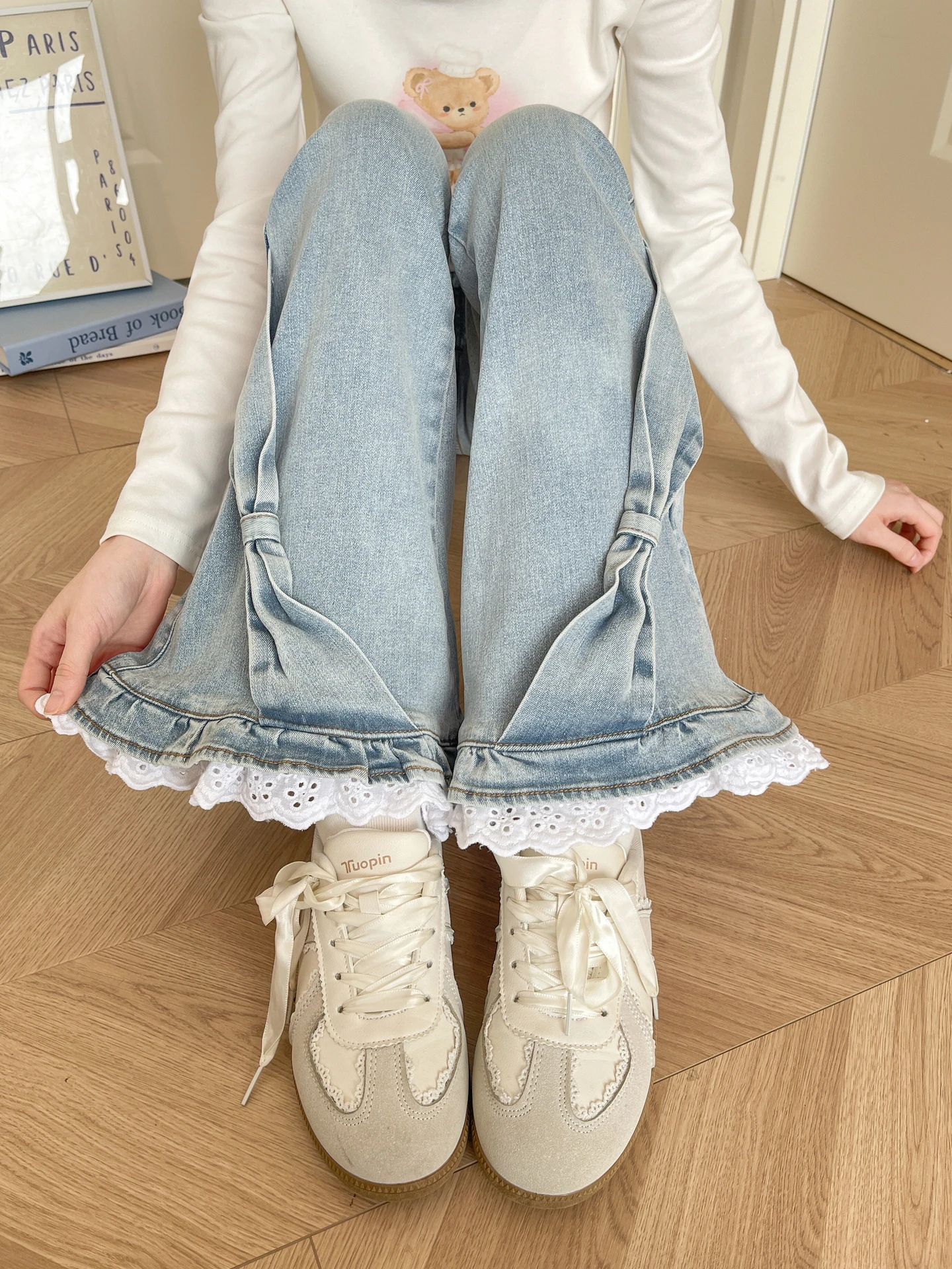 Sweet Style High Waist Bell Bottoms Women's Jeans Lace Trim Washed Light Blue Girl's Autumn Long Pants New Model Breathable