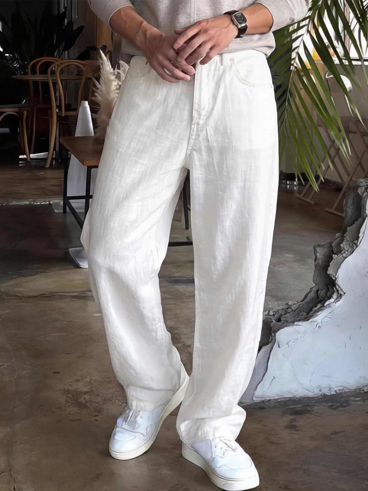 

White Linen Wide Leg Casual Pants Men's Faion Straight Tube Long Pants Korean Sle Versatile Loose Fit Daily Wear