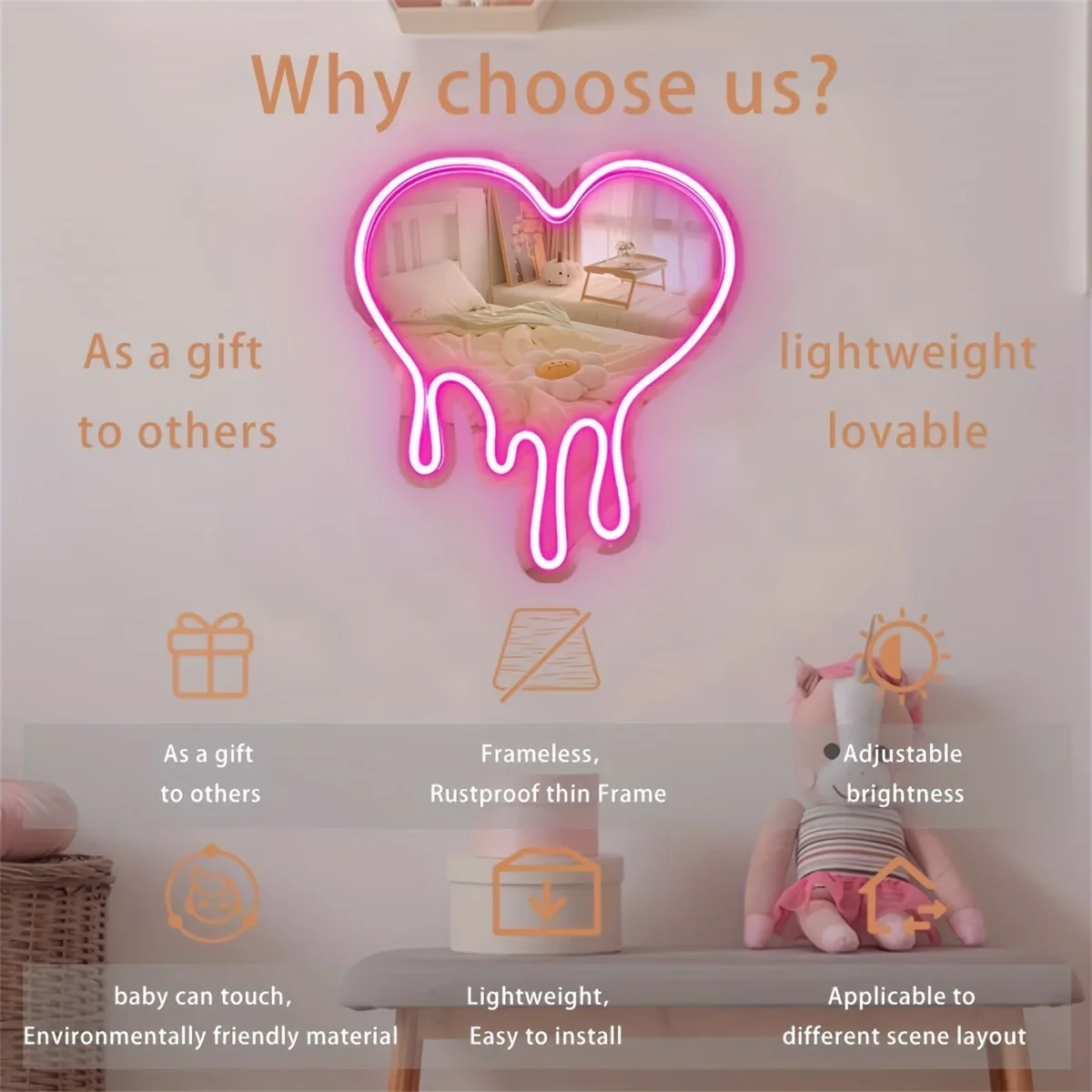 Melting Heart Mirror Neon Sign USB Dimmable LED Neon Lights for Home Bedroom Bacelorette Party Decor Birthday Chirstmas Gift