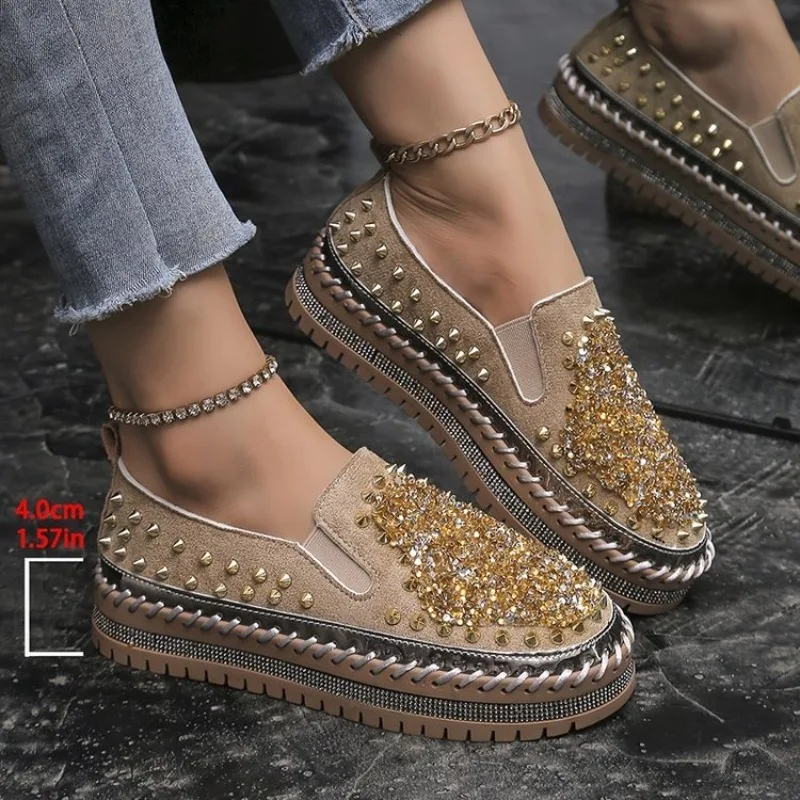 Aphixta Punk Women's Rhinestone Rivet Flats Crystal Embellished 4cm Loafers Comfortable Platform Casual Shoe for Daily Party