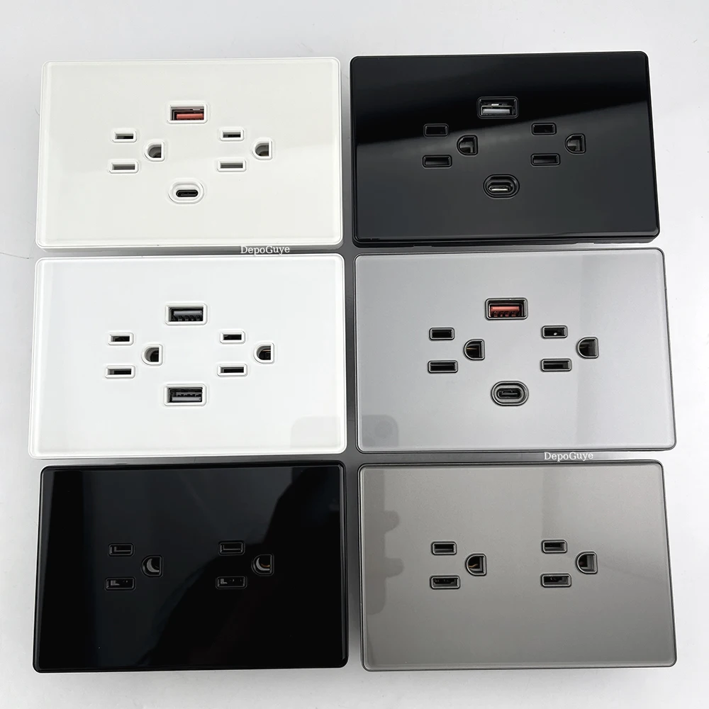 US Mexico Standard socket Usb Type-C 20W Fast Charging outlet,American/Black/White/Gray Tempered glass Panel Dual USB power plug