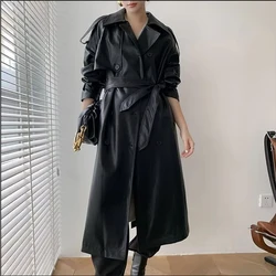 Autumn and Winter Long Women's Leather Jacket Fashionable Ladies Double-breasted Buckle Belt Belt Leather Trench Coat Jacket