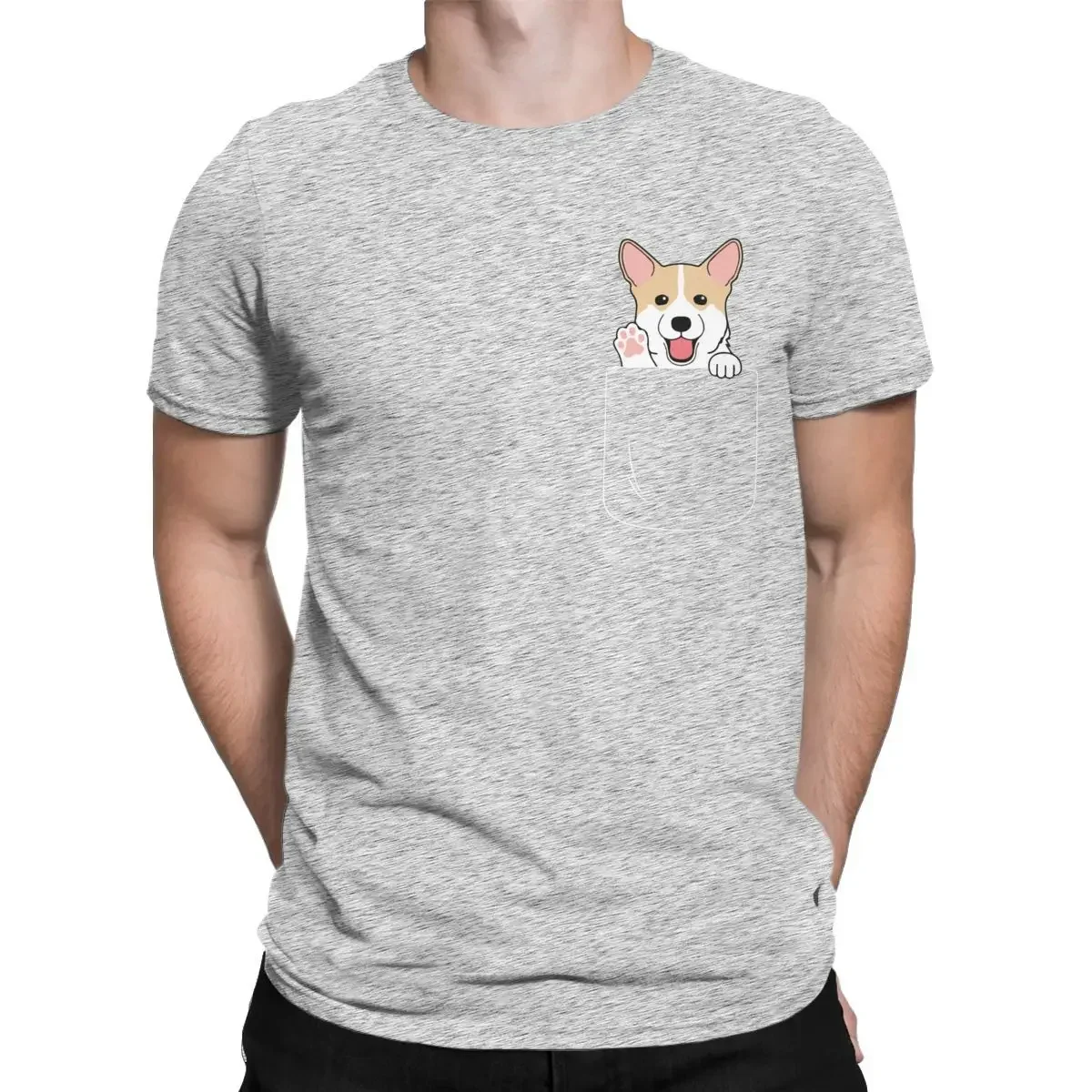 Corgi In Pocket Men T-Shirts funny Animal Vintage Pure Cotton T Shirt O-neck Harajuku Tshirt Print Clothing unisex Oversized Tee