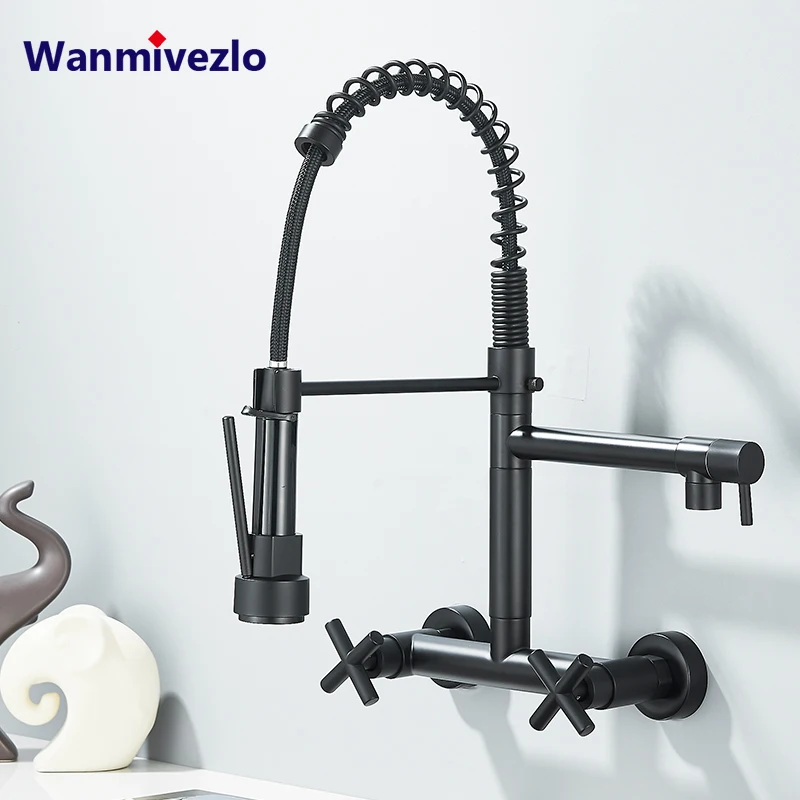 Image of Wandmontierter Küchenarmatur mit ausziehbarer Brause, Gewerblicher Küchenarmatur mit Doppelgriffen und Topffüllstutzen, 360° drehbar ° Schwenkbarer Doppelfunktions-Wasserhahn für Küchenspüle