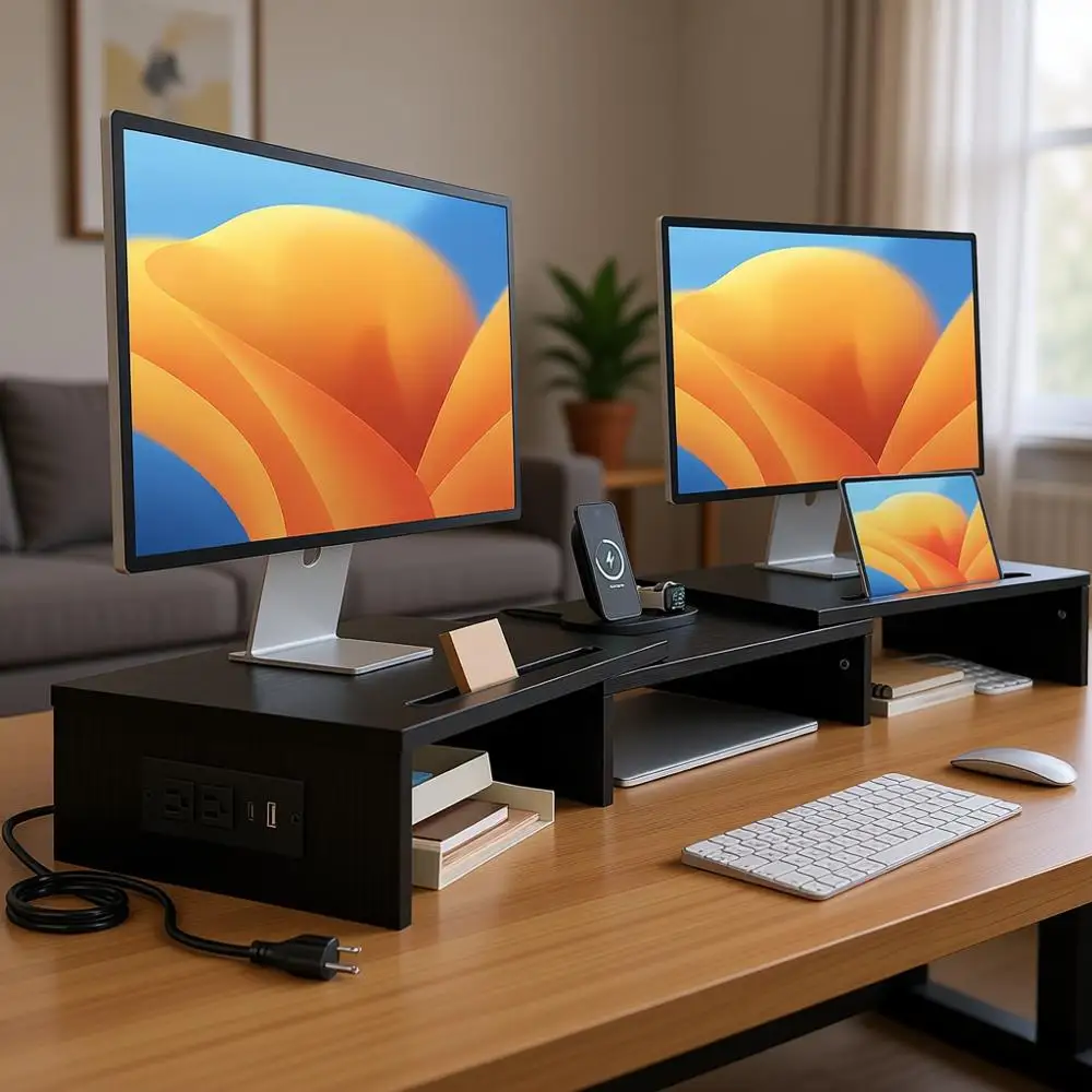 

Регулируемая подставка для двух мониторов с USB-портами и настольной розеткой, для ПК и ноутбуков - черная