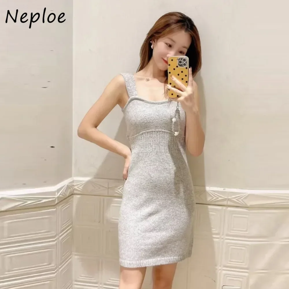 Neploe New Elegant Long Sleeve Set Cardigan Sling Strapless Patchwork Slim Fit Robe Japanese Knit Moda French Style Suit Dress