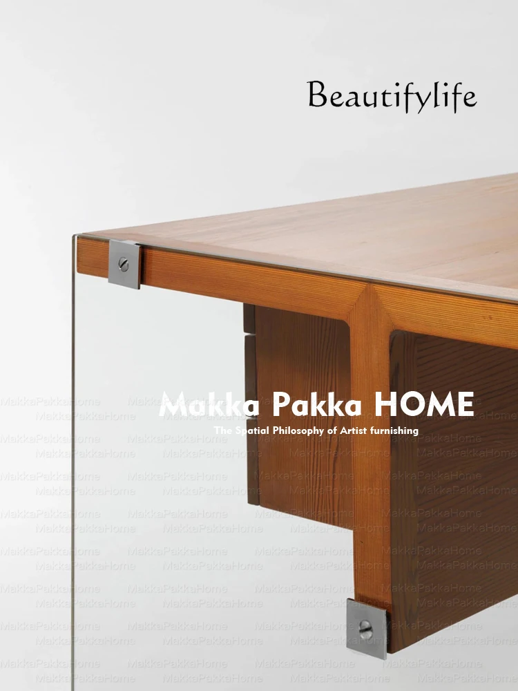 Medieval style solid wood glass desk home retro style light luxury advanced sense study computer desk desk