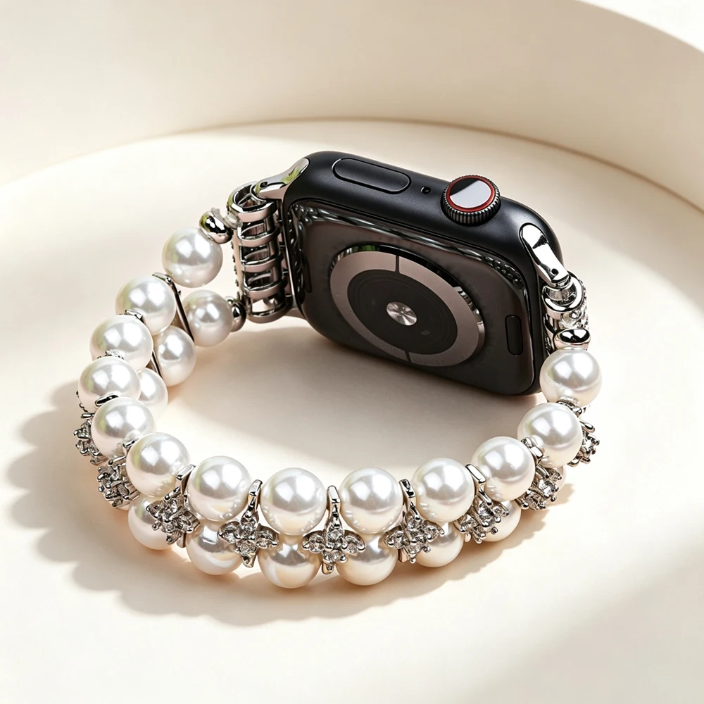 Elastic Diamond Studded Large Pearl Strap Suitable For Iwatch Series 10 9 8 7 6 5 4, Apple Ultra 46mm 45mm 38mm 41mm 42mm 44mm
