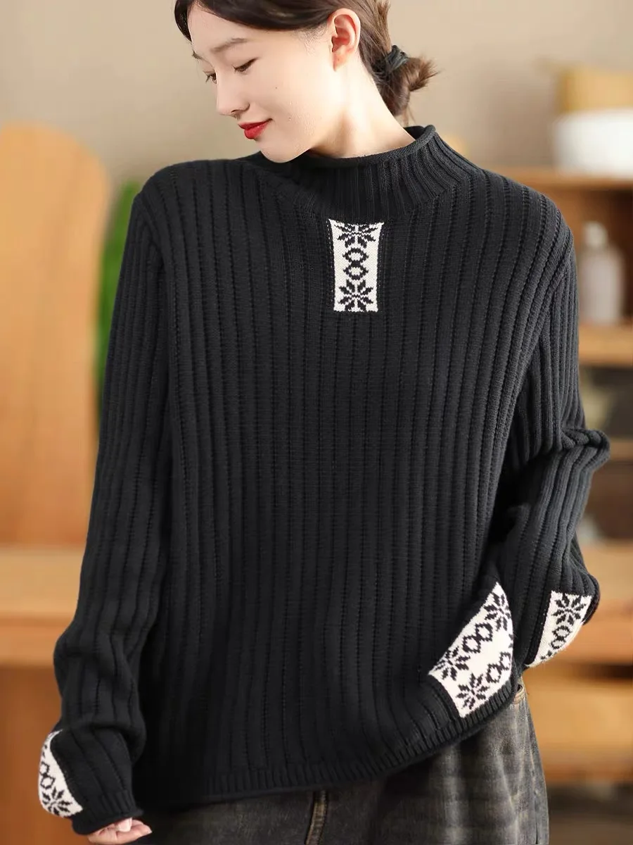 الخريف الشتاء المرأة فضفاضة طويلة Sve محبوك سترة f عالية طوق الرجعية القطن Tead طباعة قاعدة irt Thiened الدفء