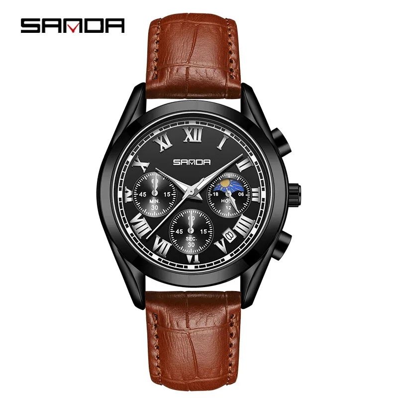 Sanda 5012 bracelet en cuir de marque supérieure étanche mouvement à Quartz japonais cadran à chiffres romains aiguilles lumineuses montre pour hommes d'affaires