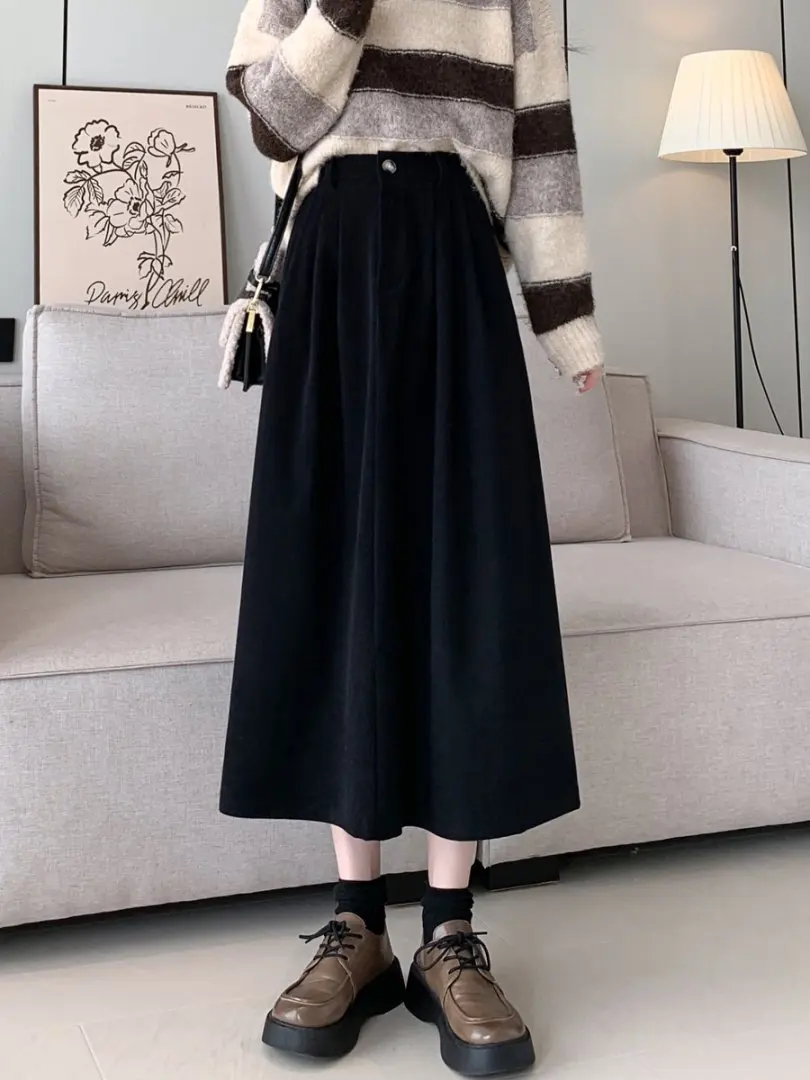 الخريف الشتاء خمر سروال قصير تنورة صغيرة للنساء مرونة الخصر عادية فضفاض ألف خط كوريا التنانير الطويلة سيدة