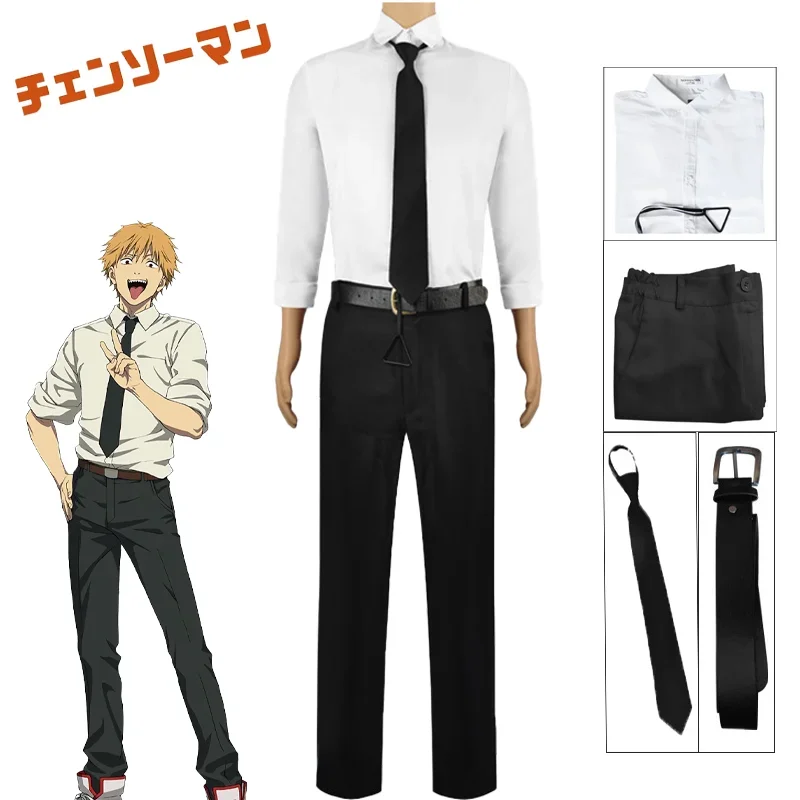 Anime Chainsaw Man Denji Costume Cosplay White Shirt Black Pants Full Set for Adult Men Halloween Party Uniform Suit Role Play