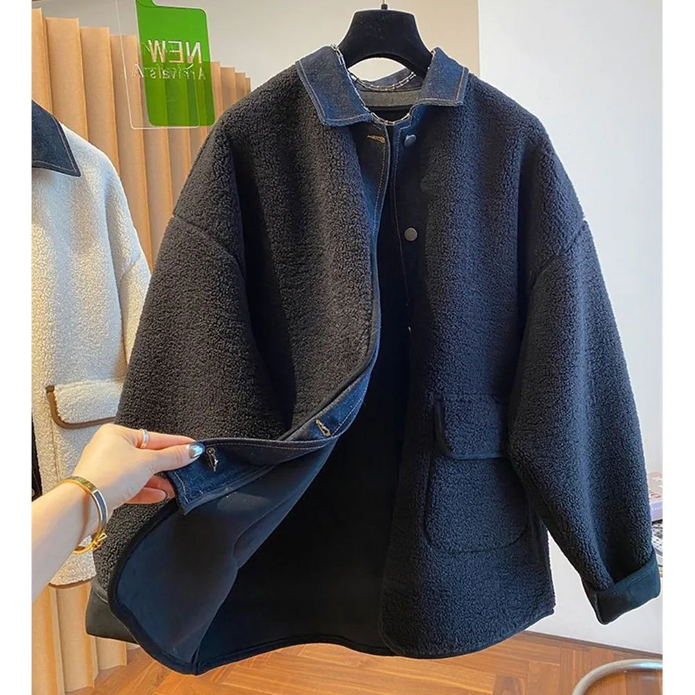 Large Size Lambwool Fur Coat Women New Autumn Winter Korean Loose Denim Patchwork Lambhair Wool Jacket Thicken Warm Outwear 4XL