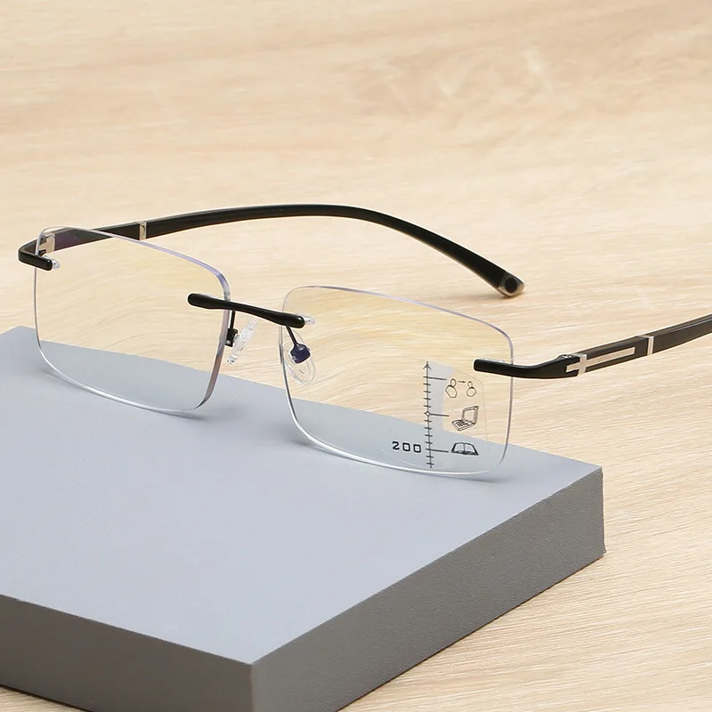 Photochromism Rimless Progressive Multifocal Reading Glasses Men Business Presbyopic Glasses Blue Light Computer Grade Glasses