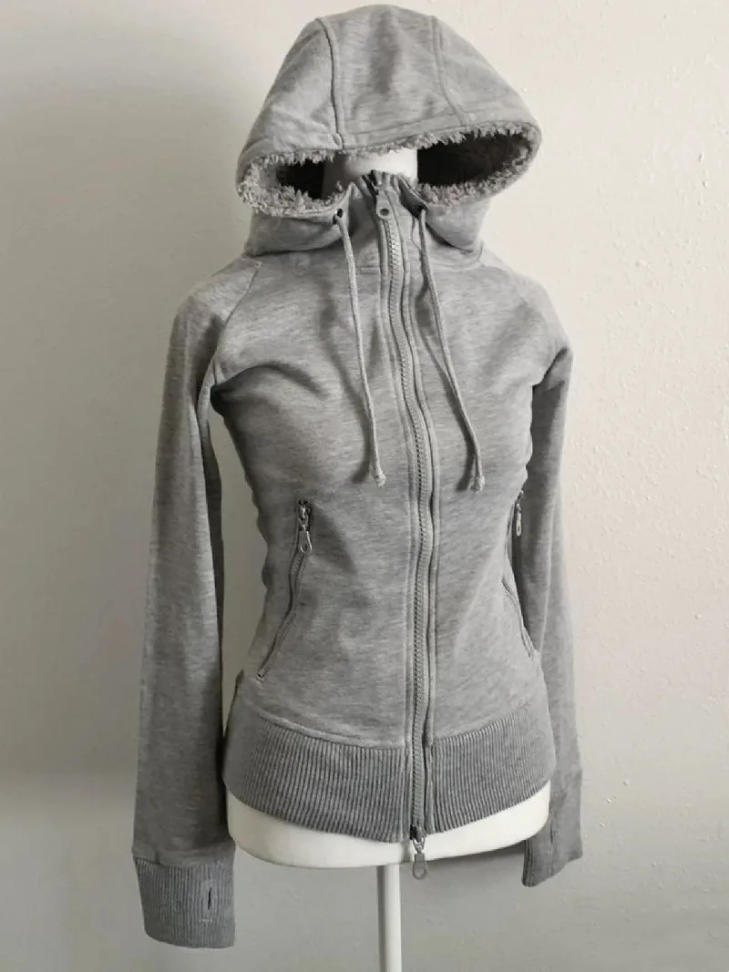 American Vintage Y2k Grey Lamb Wool Double Zipper Hoodies Women Clothes Slim Waist Hooded Coats Ropa Mujer Casual Sweatshirts