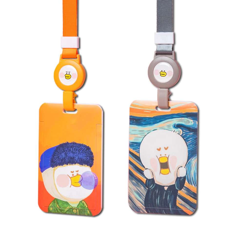 School Name Pass Cover Keychain Pull Badge Holders Bus Card Protection Cover Hang Rope Card Holder Oil Painting Card Case