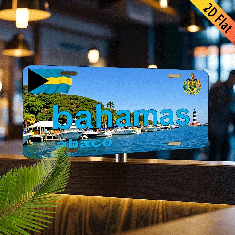 2D Flat - 1pc Bahamas Abaco Vintage Aluminum Sign -  Wall Decor with Tropical Beach Scene, Palm Trees & Lighthouse