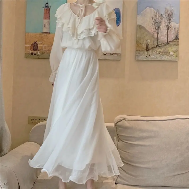 

Chiffon Lightweight Long Skirt Women Beach Vacation Ruffles Elegant Party Skirt High Waist Loose Mesh Sweet Lady Ball Gown
