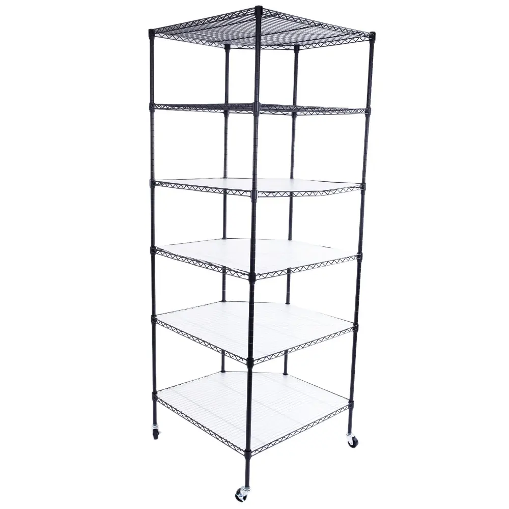 

6-Layer Plastic Coated Polygonal Corner Shelf With 2" PP Wheels 680*680*1800 Black