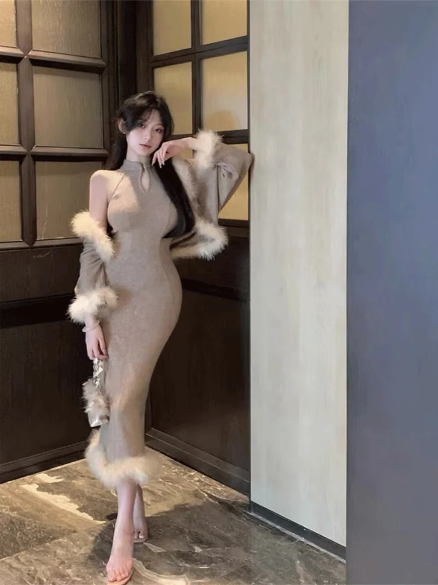 

New Chinese Style Reformed Dress Women's Autumn Winter Slimming Knitted Long Dress Shawl Cardigan Two-Piece Set