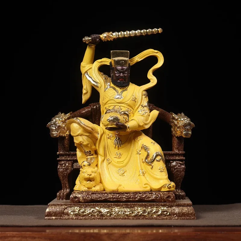 Estatua de Zhao Gongming Montado en Tigre, tallada y dorada a mano en madera. Dios de la Riqueza de Cinco Rutas. Ornamento Feng Shui para hogar, oficina, escritorio.