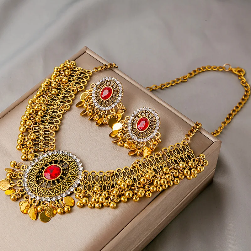 Luxury Retro Crystal Bridal Jewelry Sets for Women Ethnic Indian Gold Plated Wedding Necklace Earrings Sets Valentine\'s Day Gift