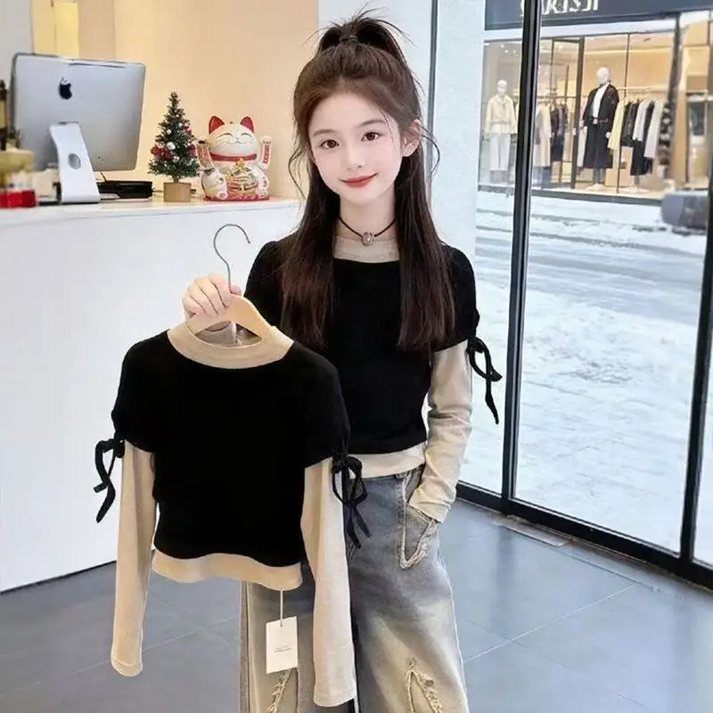 

1pc 2026 Spring Summer Child Teenager Girls Clothes False Two-piece Slim Sweatshirt T-shirt Patchwork Top 4 -13Year