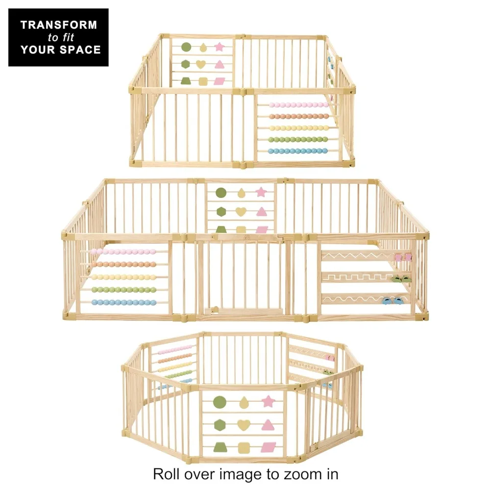 Wooden Playpen Extra Large for Toddlers and Babies - Foldable, Expandable, Adjustable - 8-10 Panels