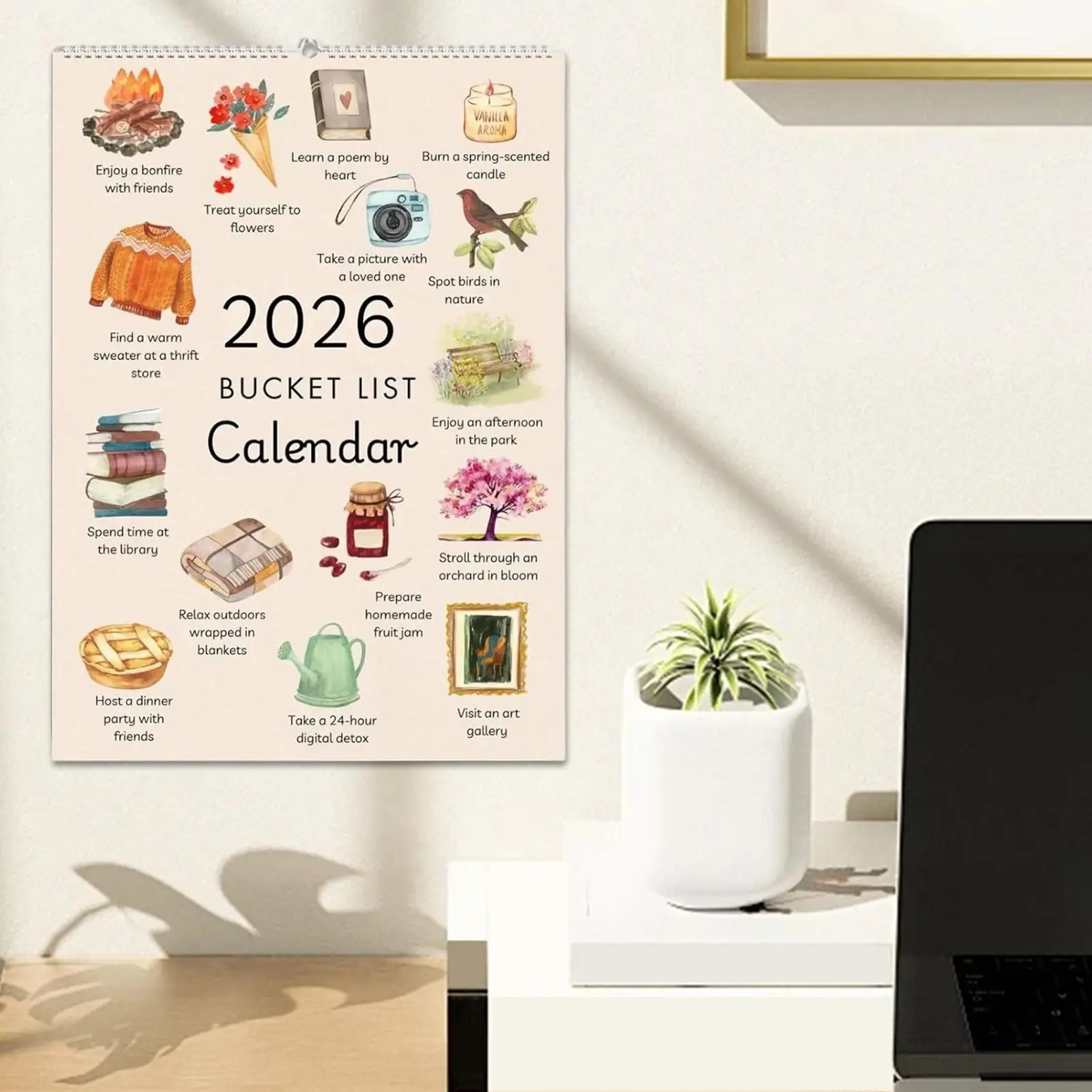 2026 Wall Calendar Watercolor Art Goal Planner Whole Year Wall Monthly Calendar for Classroom Dining Room Dorm Bedroom Students