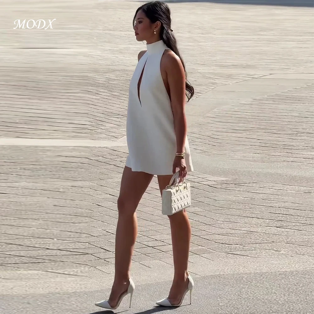 MODX Chic Ivory High Neck Sleeveless Mini Dress with Keyhole Front and A-Line Silhouette for Evening Party Prom Cocktail Formal