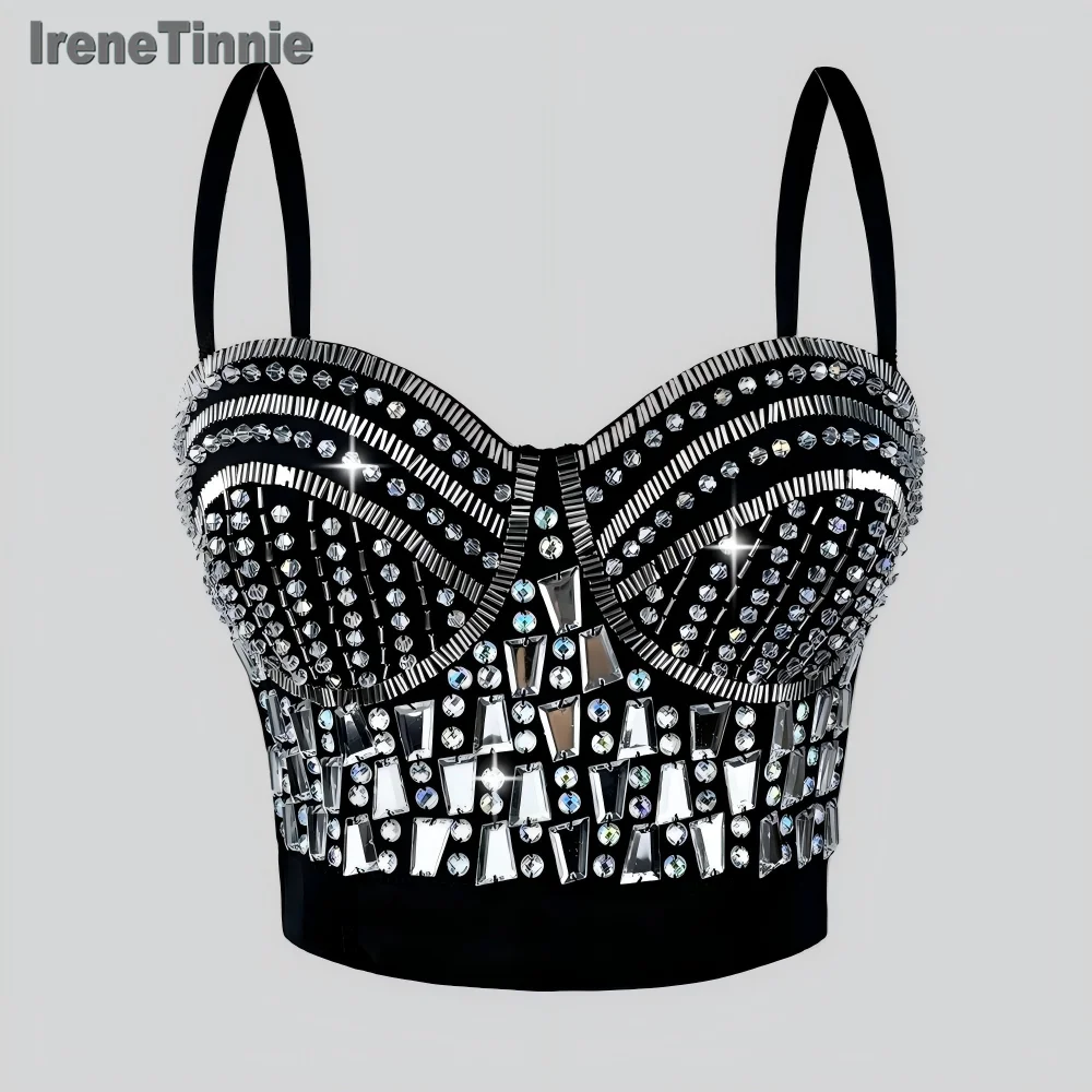 

IRENE TINNIE Femme Корсетные укороченные топы на бретелях со встроенными бюстгальтерами Камзоли Модные женские сексуальные бусины с глубоким V-образным вырезом Y2K Одежда 2025