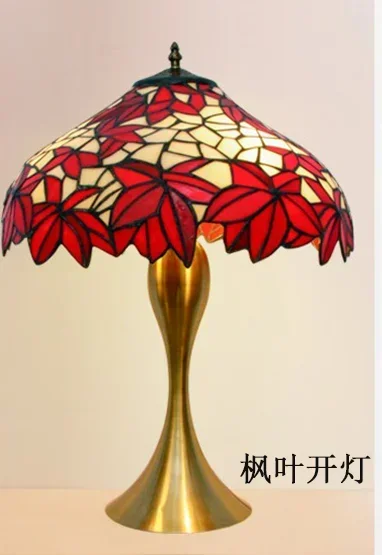 Tiffany Style Table Lamp Red Maple Leaf Lampshade Stained Glass Desk Light Colorfull Alloy Base Decorative Handicraft Arts