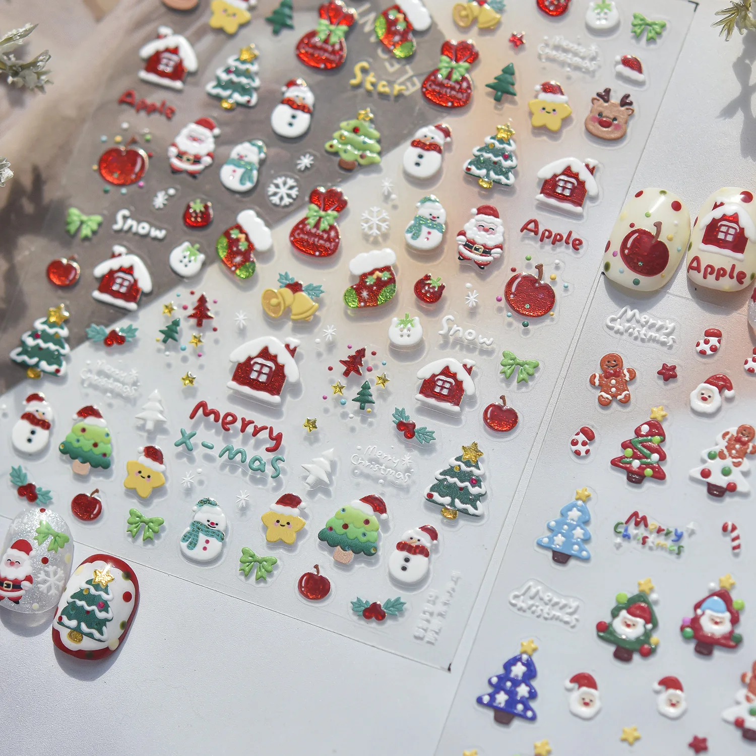 5D Christmas Nail Decals Cartoon Santa Claus Snowman Reindeer Apple Gingerbread Man Bell Mini House Xmas Tree Nail Stickers DIY