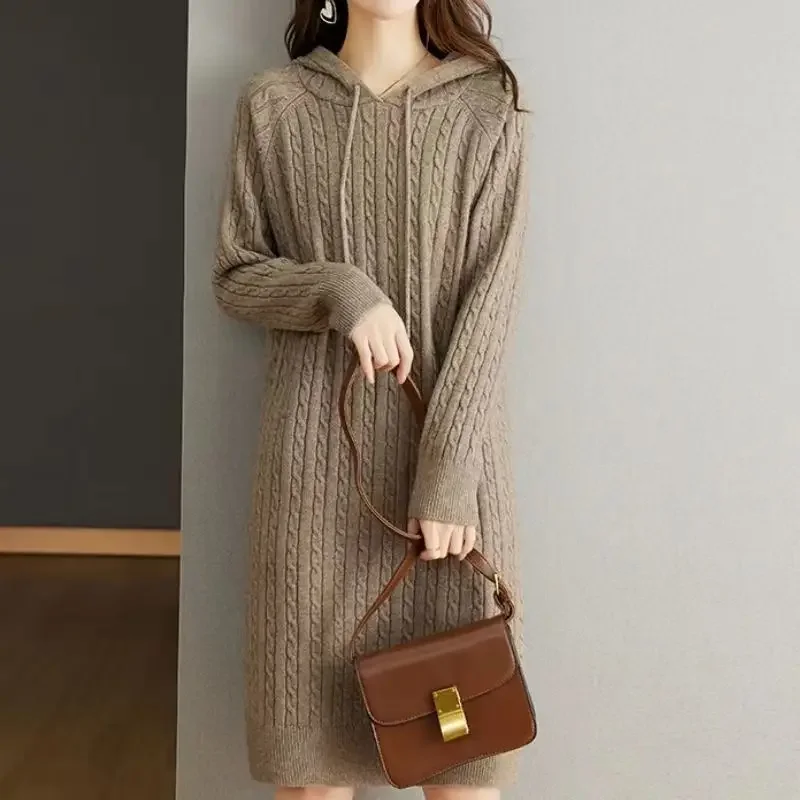 

2023 Women's Knitted Hoodie Dress Office Autumn Winter Leisure Long Sleeve Solid Color Lace Up Vintage Women F139