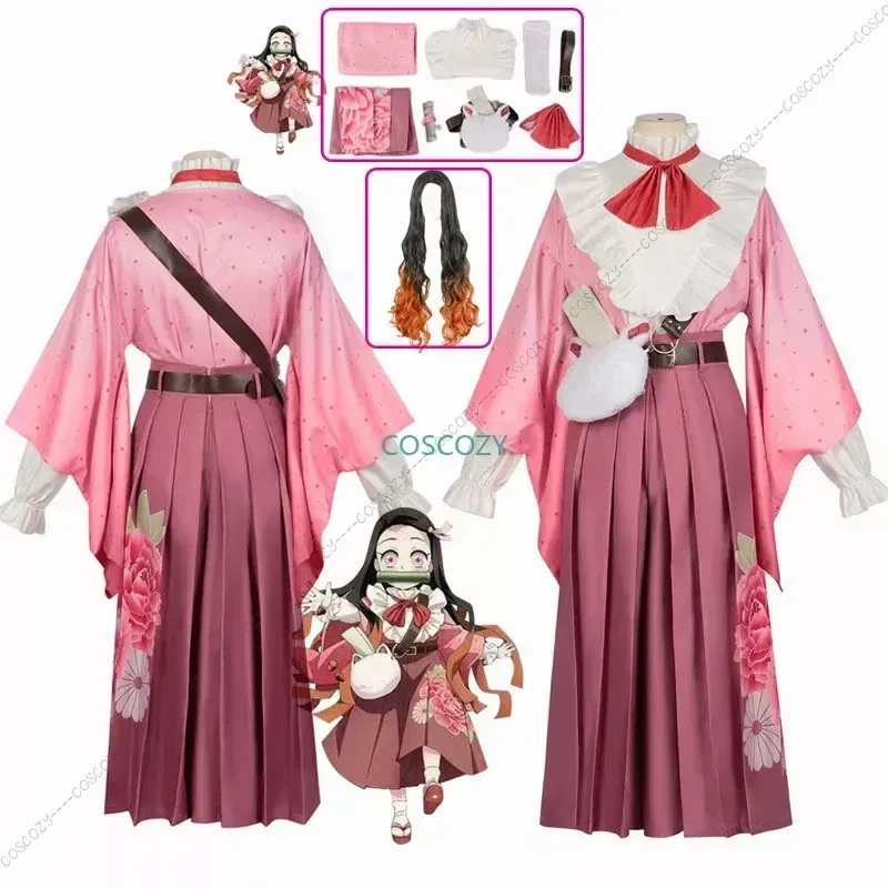 

New Arrival Kamaado Nezukko Cosplay Costume Lady Birthday Costume Gifts New Nezuko Uniform Bamboo Wig Bag Pink Full Suit