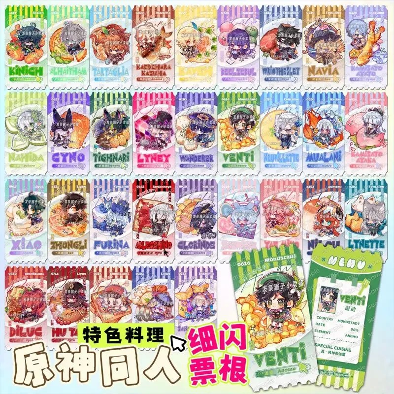 Genshin Impact Roles Profile Ticket Specialty Dishes Painting HD Laser Paper Double-sided Gilded Bookmark Postcard for Fans Gift